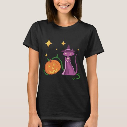 Spooky and Cute Halloween Witch Cat and Pumpkin T-shirt (Voorkant)