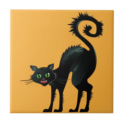 Spooky Angry Black Cat Tegeltje (Voorkant)