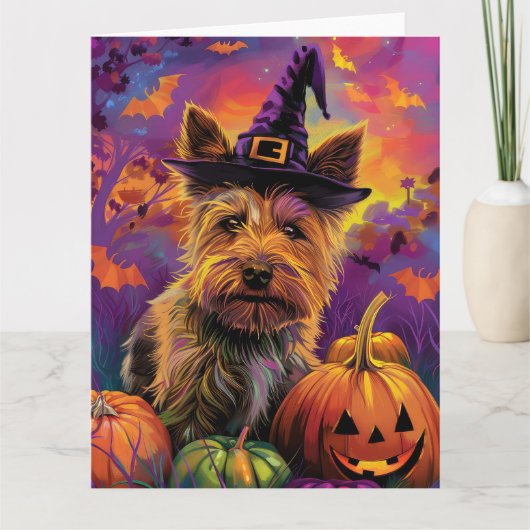 Spooky Australische Terriër Halloween Witch Pumpki Kaart (Voorkant)