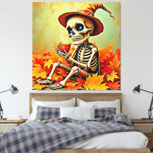 Spooky Autumn Skeleton's koffiepauze ontwerp Canvas Afdruk