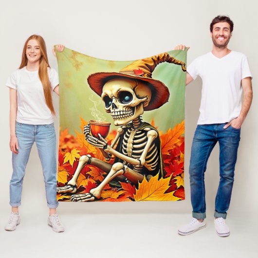 Spooky Autumn Skeleton's koffiepauze ontwerp Fleece Deken (In situ)