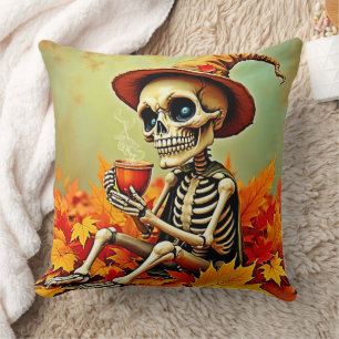 Spooky Autumn Skeleton's koffiepauze ontwerp Kussen