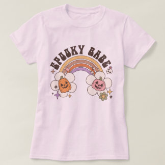 Spooky Babe Bloem Pompoen Regenboog Retro Hallowee T-shirt