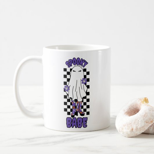 Spooky Babe Vrouw Halloween Ghost Retro Paarse Koffiemok (Met donut)