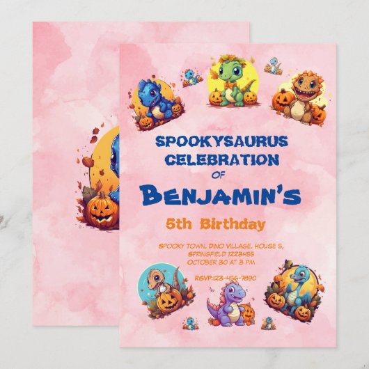 Spooky Baby Dinosaur Theme Kids Verjaardag Hallowe Kaart (Voorkant / Achterkant)