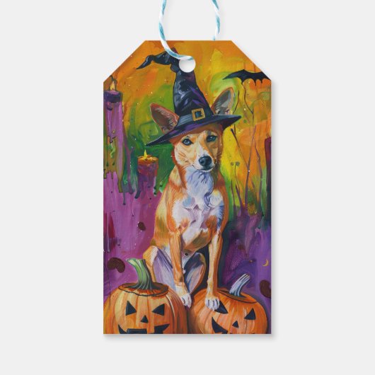 Spooky Basenji Halloween heks en pompoen Cadeaulabel (Achterkant)
