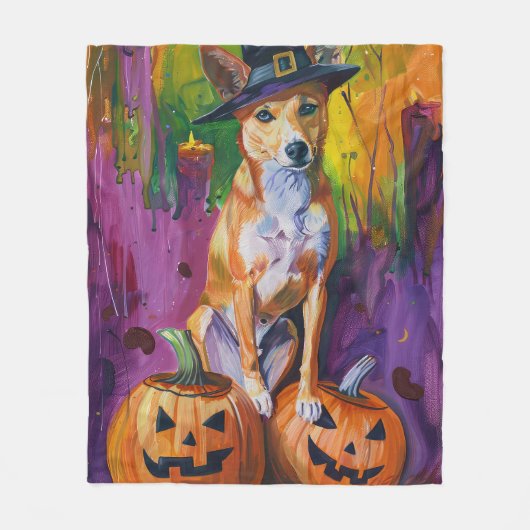Spooky Basenji Halloween heks en pompoen Fleece Deken (Voorkant)