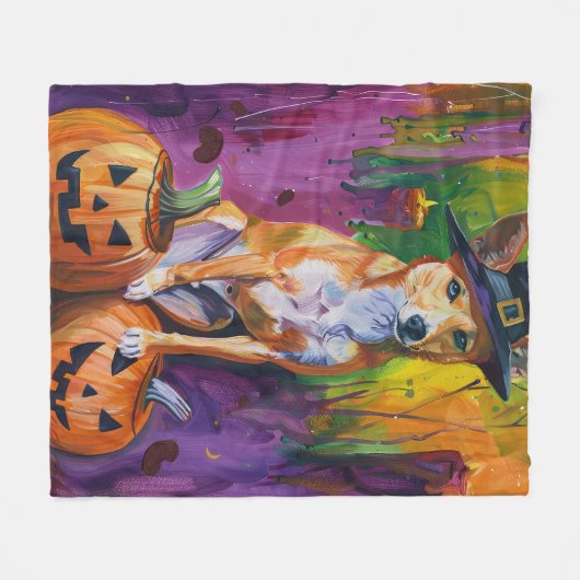 Spooky Basenji Halloween heks en pompoen Fleece Deken (Voorkant (Horizontaal))