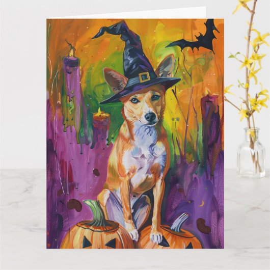 Spooky Basenji Halloween heks en pompoen Kaart (Gele Bloem)