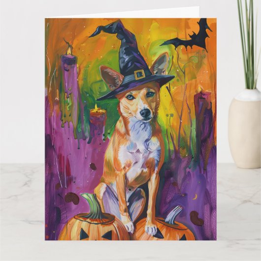 Spooky Basenji Halloween heks en pompoen Kaart (Voorkant)