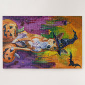 Spooky Basenji Halloween heks en pompoen Legpuzzel (Horizontaal)