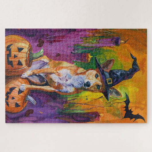Spooky Basenji Halloween heks en pompoen Legpuzzel (Horizontaal)