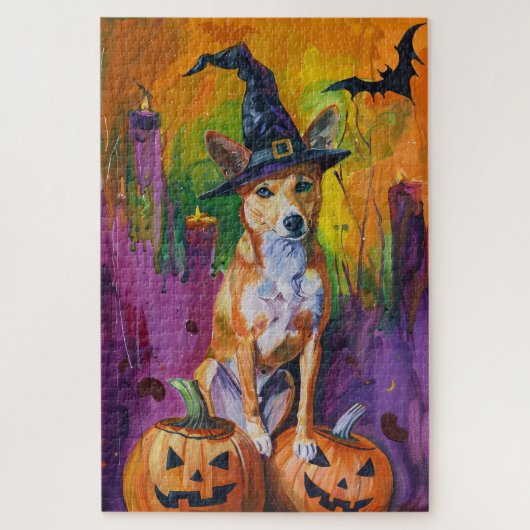 Spooky Basenji Halloween heks en pompoen Legpuzzel (Verticaal)