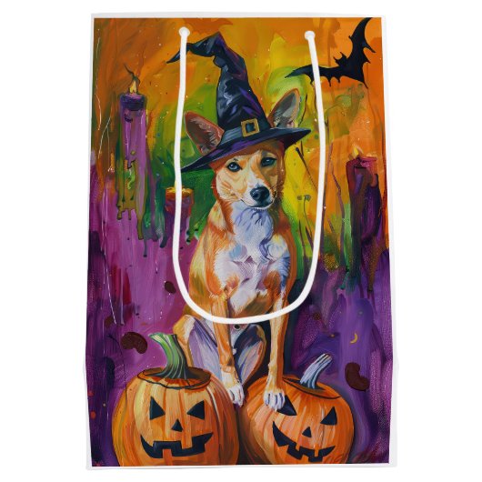 Spooky Basenji Halloween heks en pompoen Medium Cadeauzakje (Achterkant)