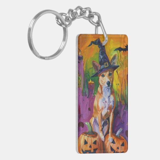 Spooky Basenji Halloween heks en pompoen Sleutelhanger (Voorkant Links)