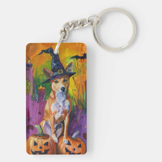 Spooky Basenji Halloween heks en pompoen Sleutelhanger (achterkant)