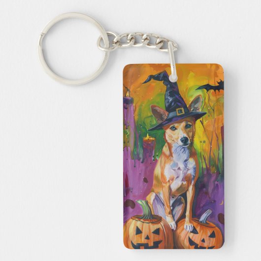 Spooky Basenji Halloween heks en pompoen Sleutelhanger (Voorkant)