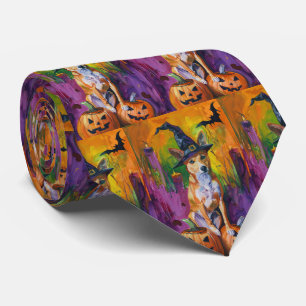 Spooky Basenji Halloween heks en pompoen Stropdas