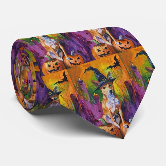 Spooky Basenji Halloween heks en pompoen Stropdas (Opgerold)