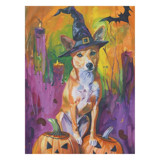 Spooky Basenji Halloween heks en pompoen Tafelkleed (Voorkant)