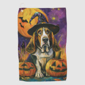 Spooky Basset Hound Halloween Witch and Pumpkin Golfhanddoek (Voorkant)