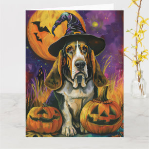 Spooky Basset Hound Halloween Witch and Pumpkin Kaart
