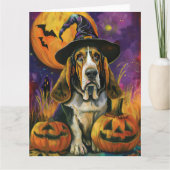 Spooky Basset Hound Halloween Witch and Pumpkin Kaart (Voorkant)