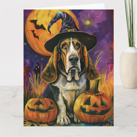 Spooky Basset Hound Halloween Witch and Pumpkin Kaart (Voorkant)