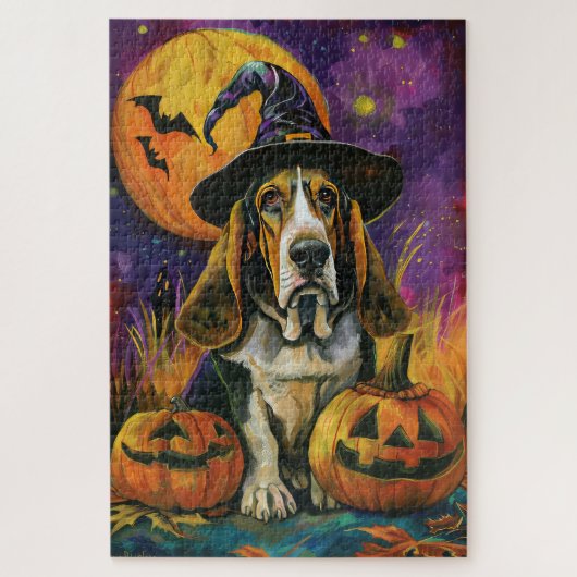 Spooky Basset Hound Halloween Witch and Pumpkin Legpuzzel (Verticaal)