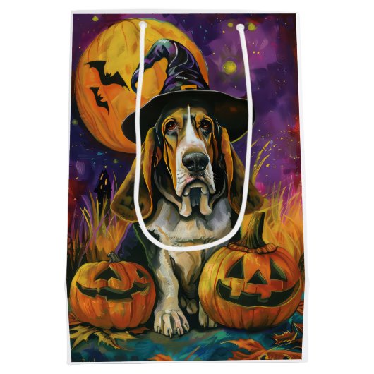 Spooky Basset Hound Halloween Witch and Pumpkin Medium Cadeauzakje (Achterkant)