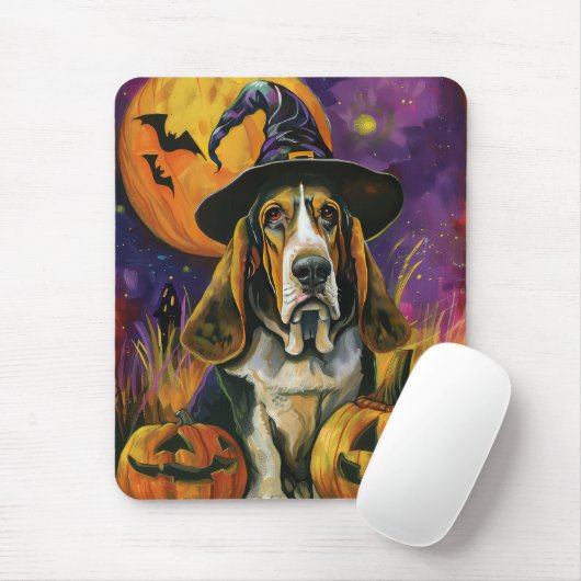 Spooky Basset Hound Halloween Witch and Pumpkin Muismat (Met muis)