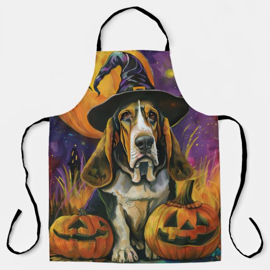 Spooky Basset Hound Halloween Witch and Pumpkin Schort (Voorkant)