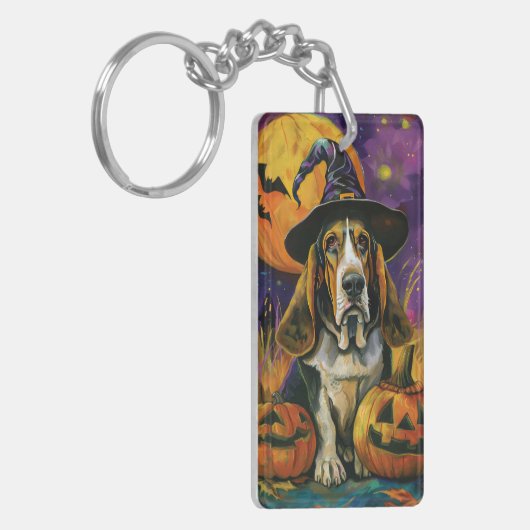 Spooky Basset Hound Halloween Witch and Pumpkin Sleutelhanger (Voorkant Links)