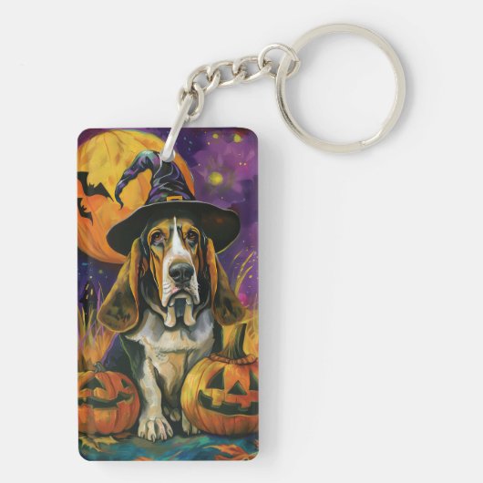 Spooky Basset Hound Halloween Witch and Pumpkin Sleutelhanger (achterkant)