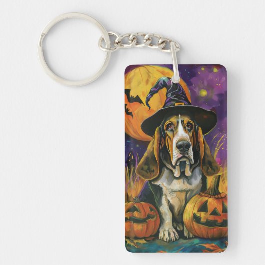 Spooky Basset Hound Halloween Witch and Pumpkin Sleutelhanger (Voorkant)