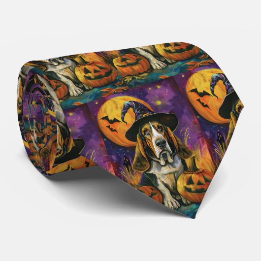 Spooky Basset Hound Halloween Witch and Pumpkin Stropdas (Opgerold)