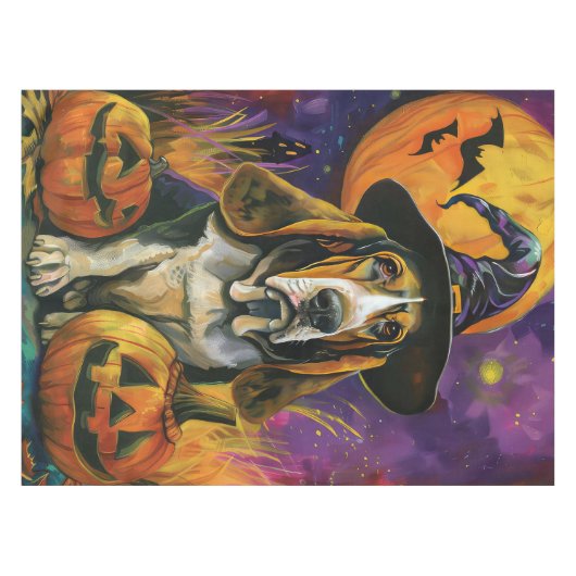 Spooky Basset Hound Halloween Witch and Pumpkin Tafelkleed (Voorkant (Horizontaal))