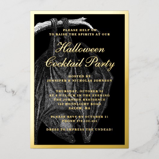 Spooky Bat Halloween Cocktail Party Gold Folie Uitnodiging (Voorkant)