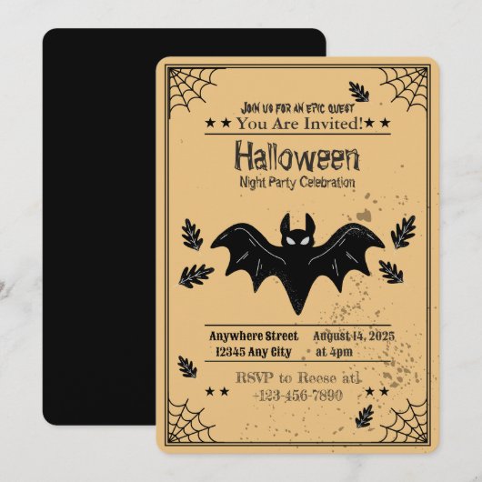 Spooky Bat Halloween Party Invitation Kaart (Voorkant / Achterkant)