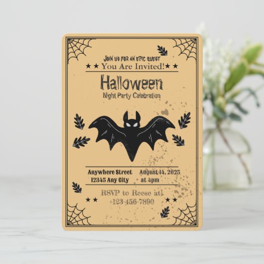 Spooky Bat Halloween Party Invitation Kaart (Staand voorkant)