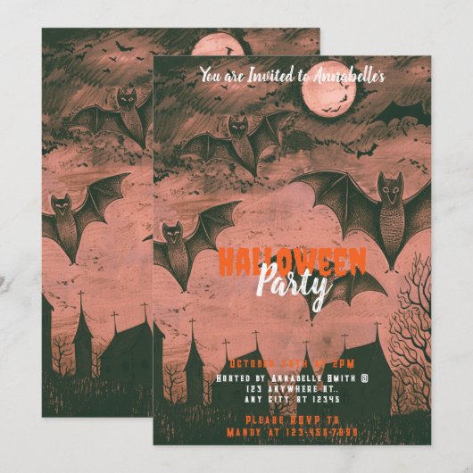 Spooky Bats en Full Moon Halloween Party Kaart (Voorkant / Achterkant)