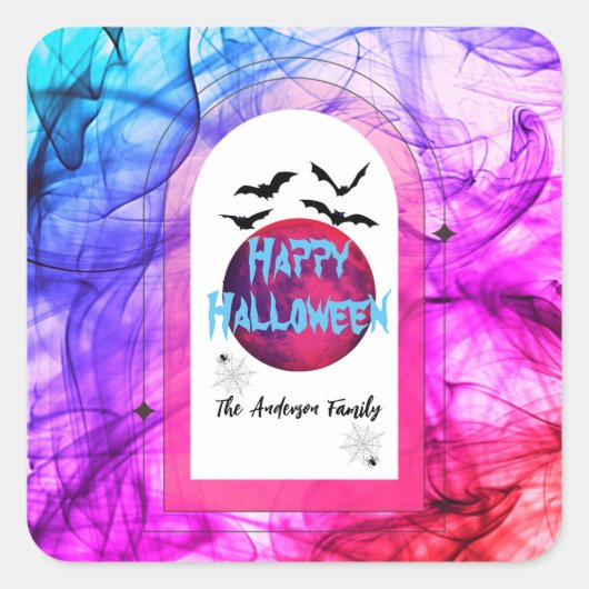 Spooky Bats familienaam Kleurrijke Happy Halloween Vierkante Sticker (Voorkant)