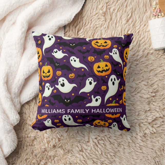Spooky Bats Pumpkin Boo Halloween Pattern Paarse Kussen (Deken)
