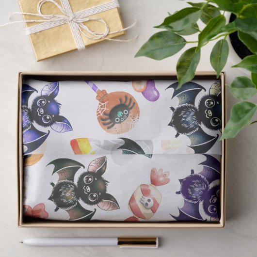 Spooky Bats & Snoep, Waterverf, Kleurrijk Tissuepapier (Geschenk)