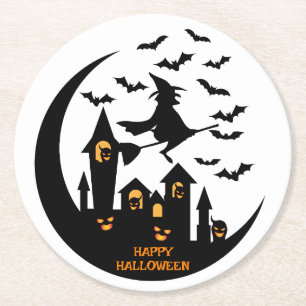 Spooky Bats & Witch Happy Halloween Custom Ronde Kartonnen Onderzetter