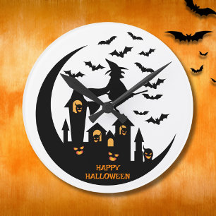 Spooky Bats & Witch Happy Halloween Custom Ronde Klok