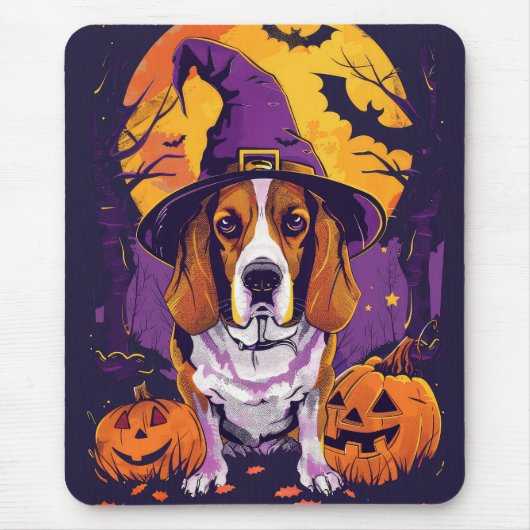 Spooky Beagle Halloween heks en pompoen Muismat (Voorkant)