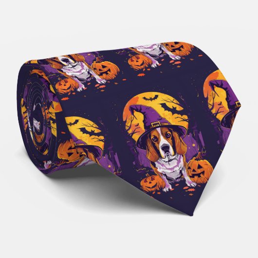 Spooky Beagle Halloween heks en pompoen Stropdas (Opgerold)