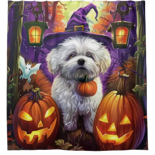 Spooky Bichon Frise Halloween heks en pompoen Douchegordijn (Voorkant)