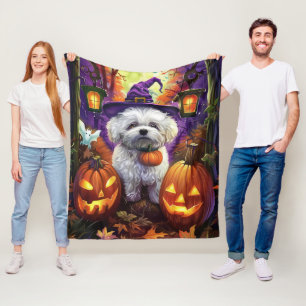 Spooky Bichon Frise Halloween heks en pompoen Fleece Deken